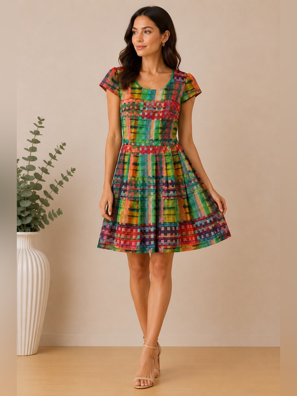 H&W Multicolor Plaid Dress | XS | Fit & Flare | Belted | NWT